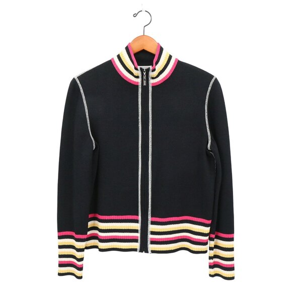 St. John Sport Black Santana Knit Stripe Trim Mock Neck Zip Cardigan Sweater M - Picture 1 of 7